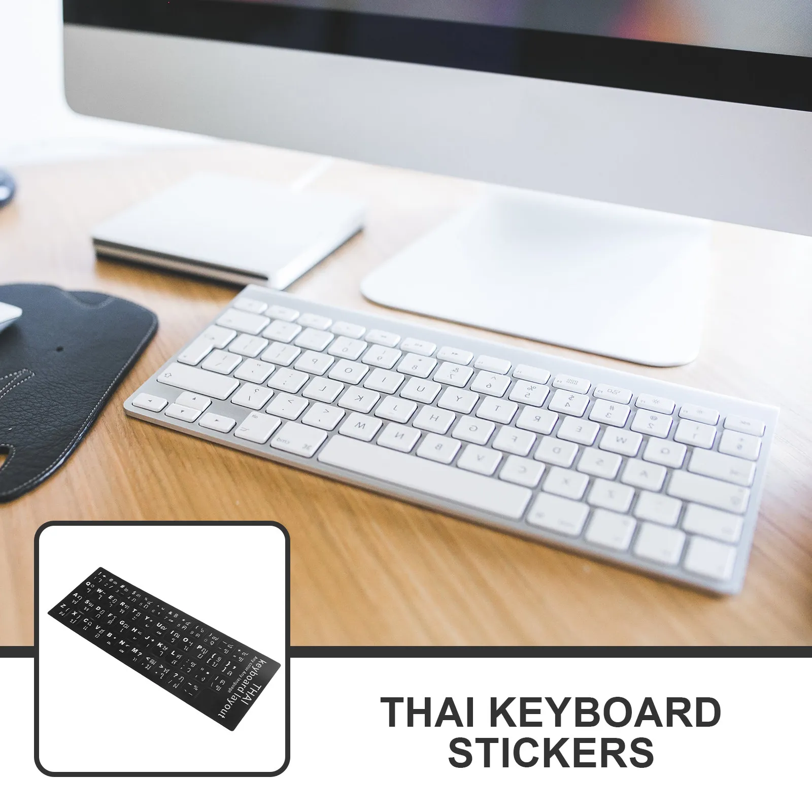

2 Sheets Universal Thai Keyboard Stickers Black Background White Letters for Laptop Desktop Computers Language Learning