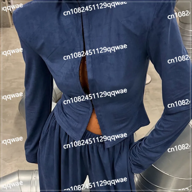 2026 spring new temperament fashion hollow long-sleeved top tied feet wide-leg trousers set