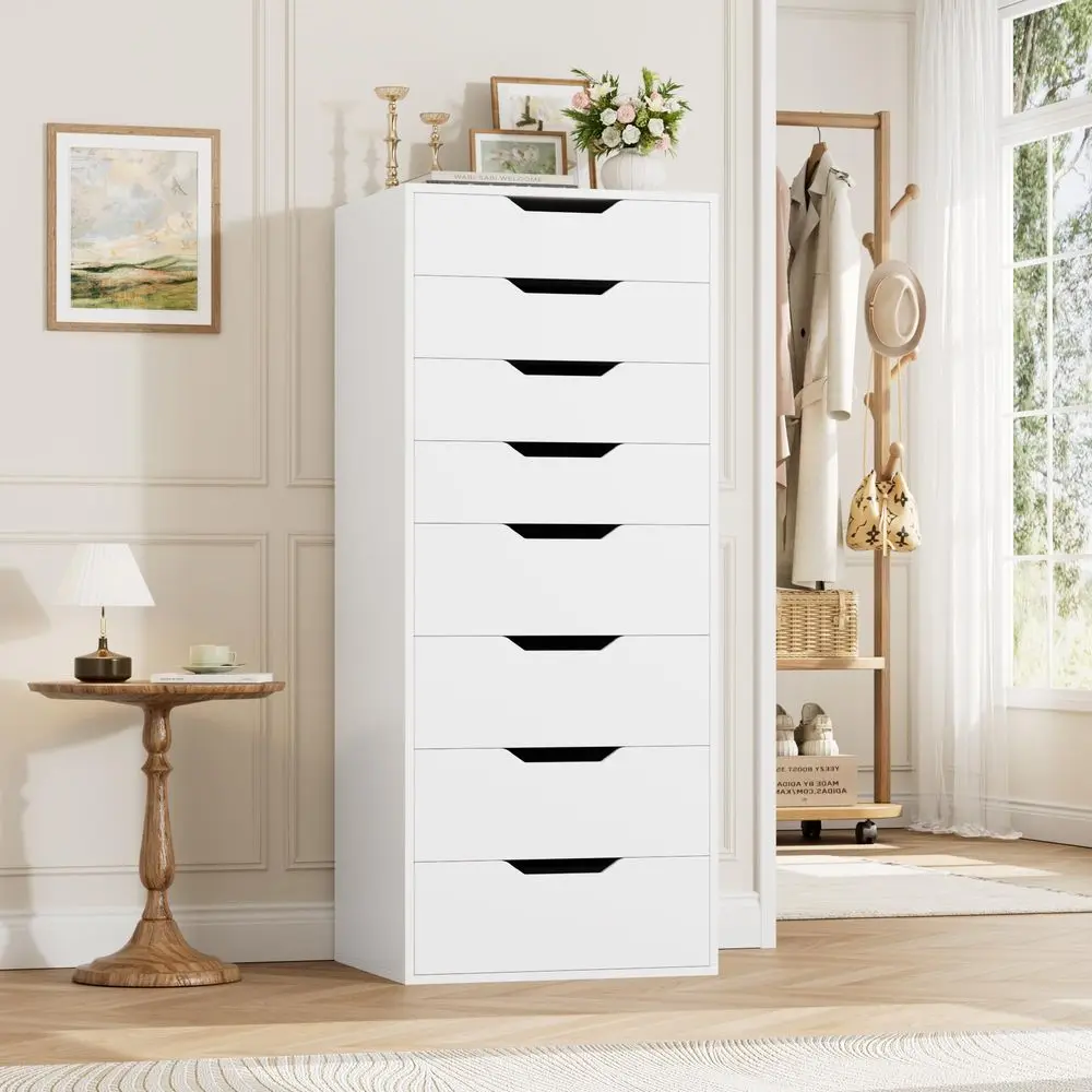 Tall White Dresser, 8 Drawer Dresser with Groove Handles, White Tall Dressers, Modern Chest of Drawers with Large Storage Space