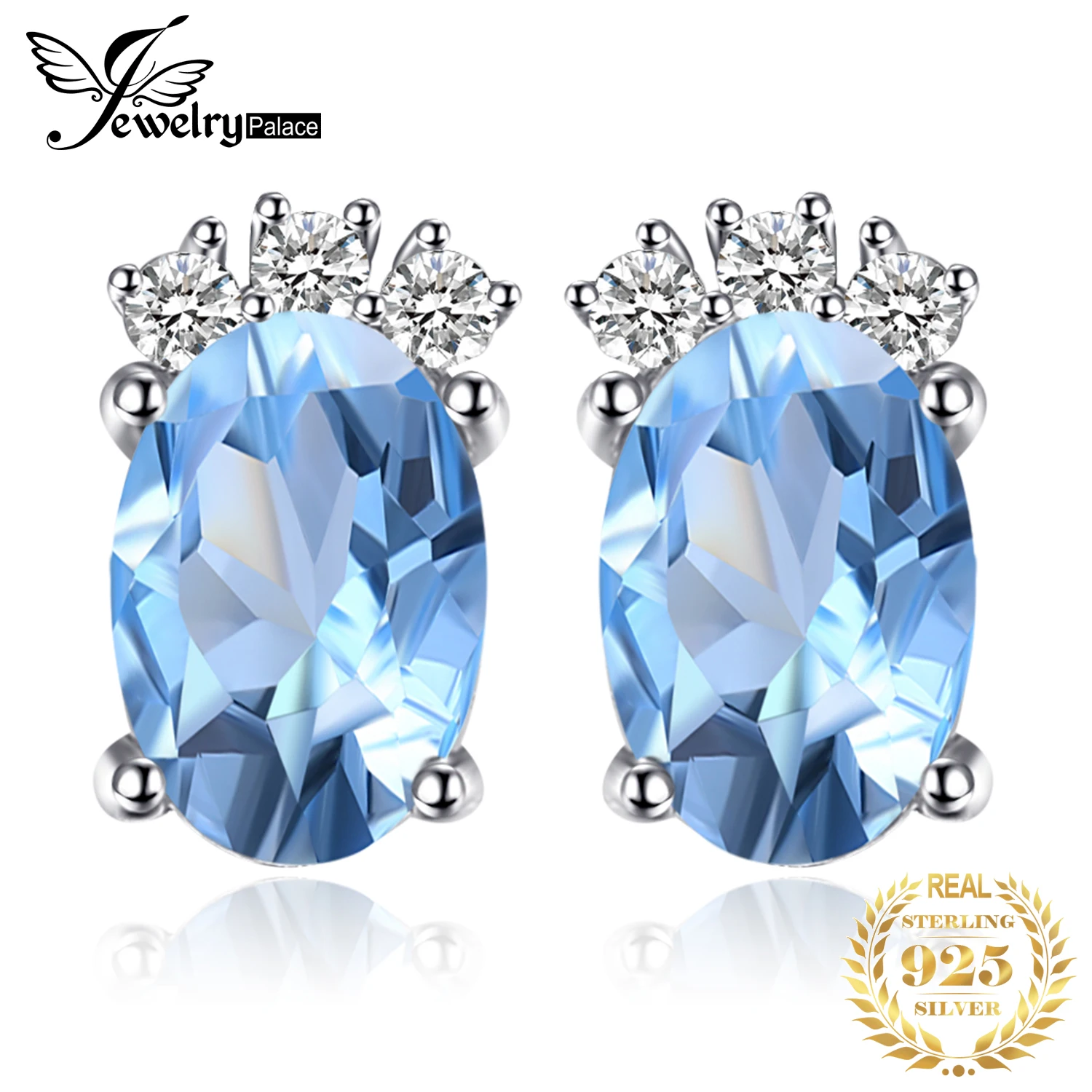 JewelryPalace Crown 1ct Oval Natural Sky Blue Topaz 925 Sterling Silver Stud Earrings for Woman Gemstone Jewelry Birthday Gift