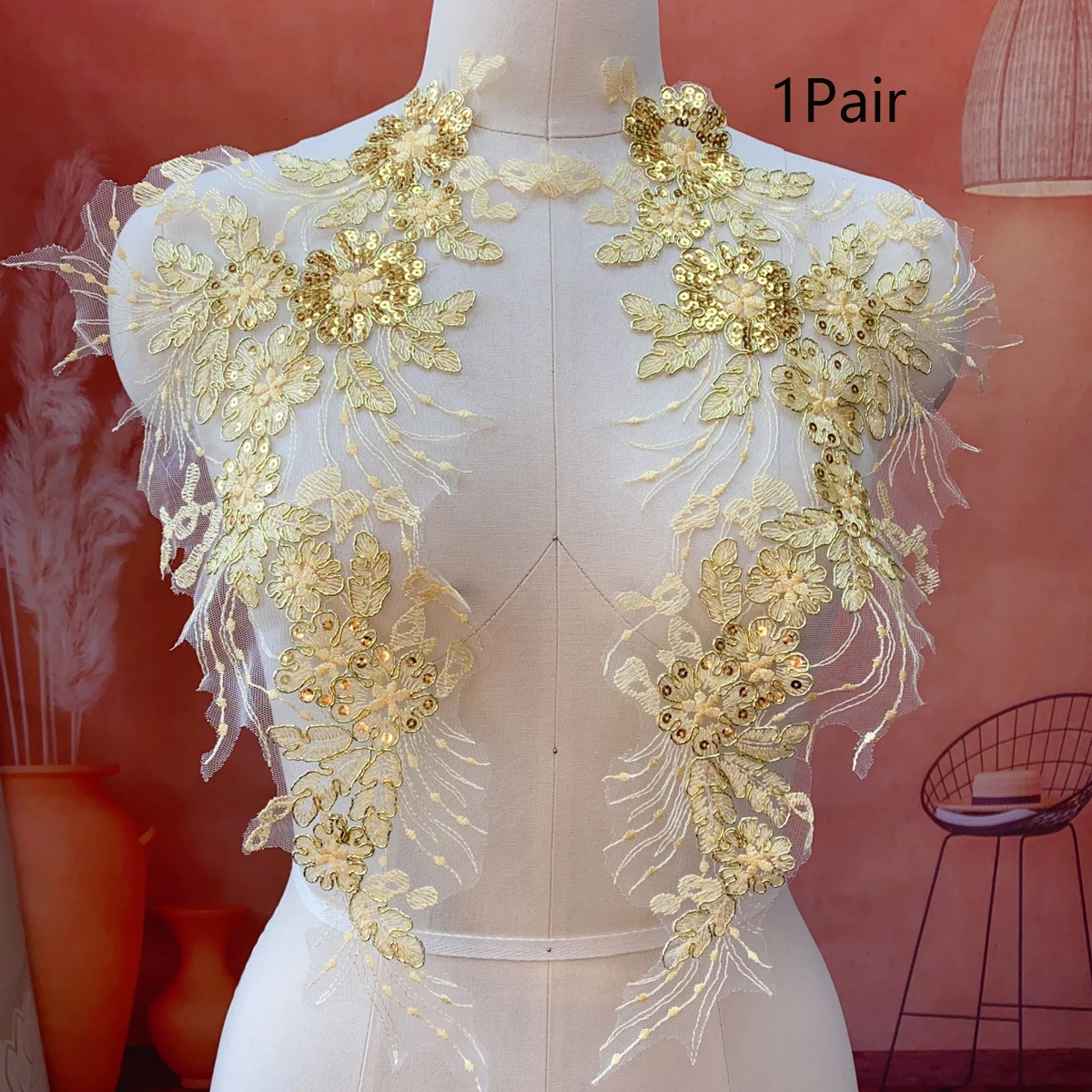 Golden Sequin Bead Lace Flower Patch for DIY