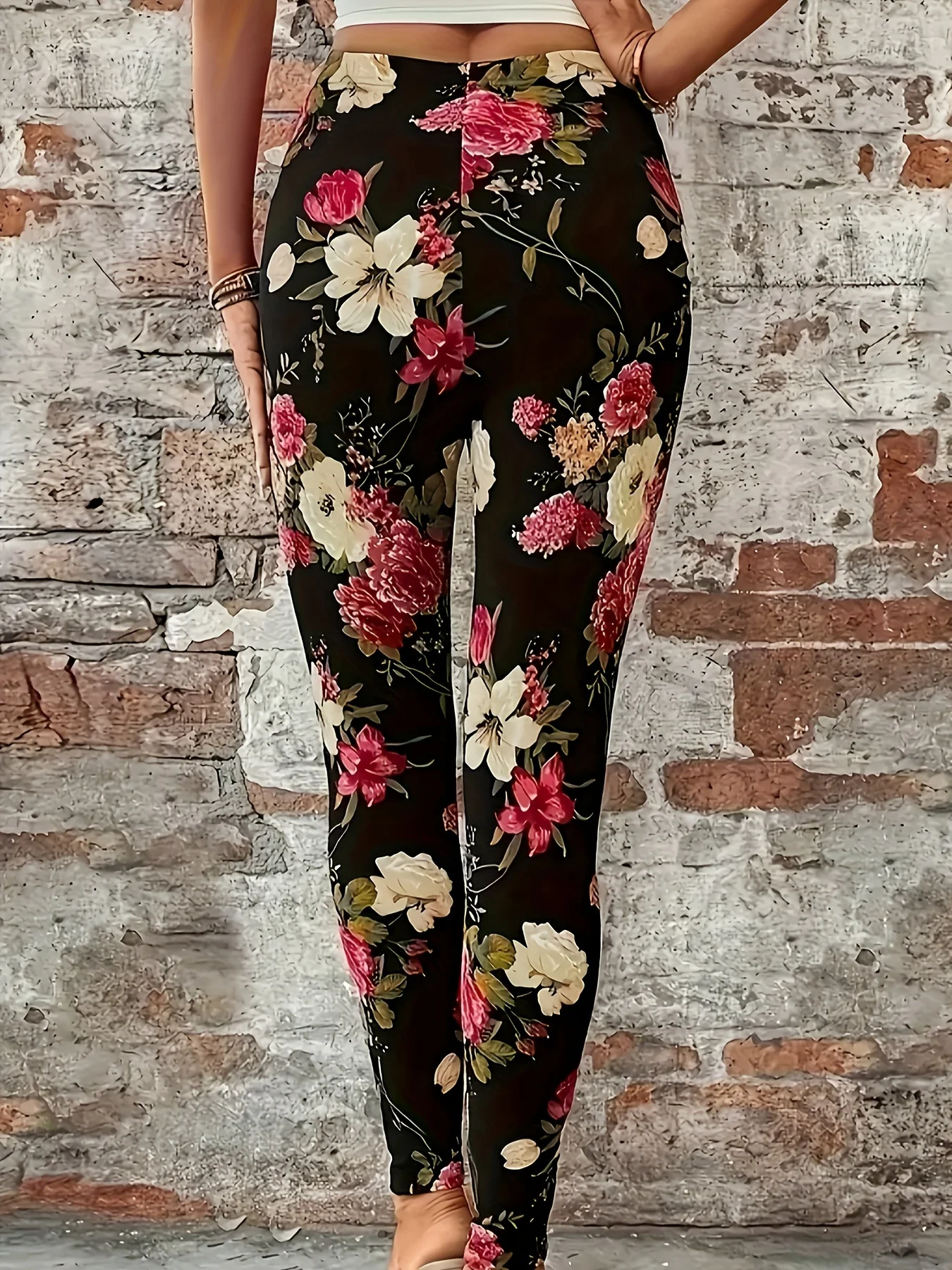 Women Retro Floral Print Fleece Lined Leggings Mid Waist Stretch Fitness Yoga Sports Pants
