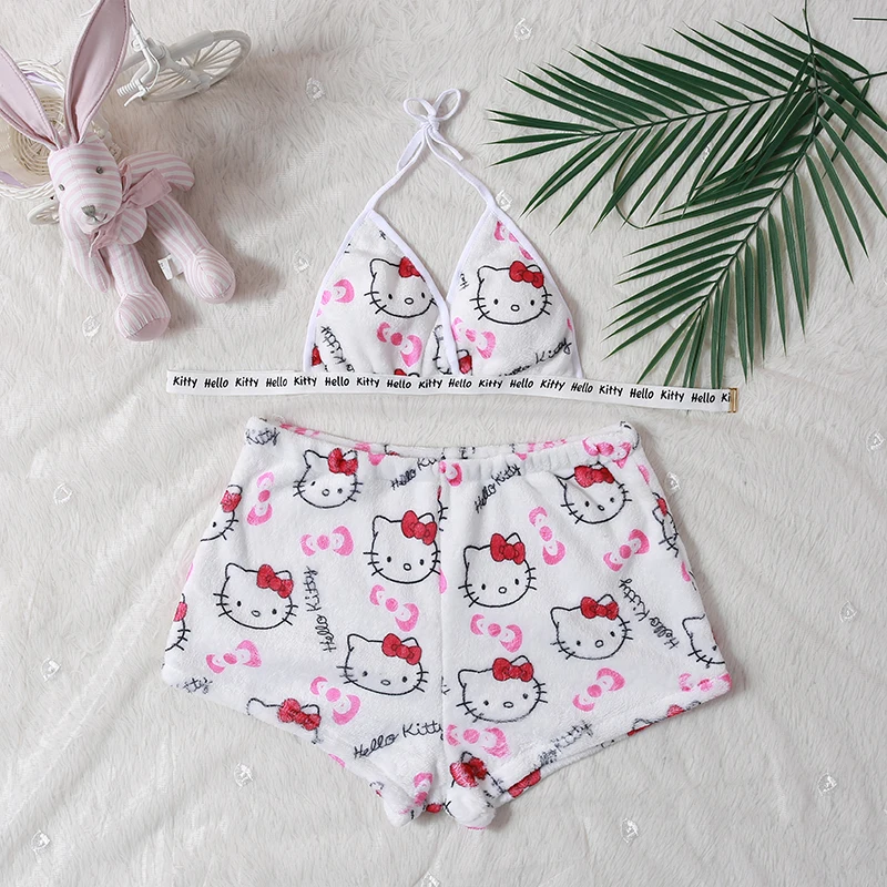 Sanrio Pajamas Women Tank Top Leopard Print Stretch Summer Shorts Soft and Comfortable Outerwear Casual Home Wear Hello Kitty