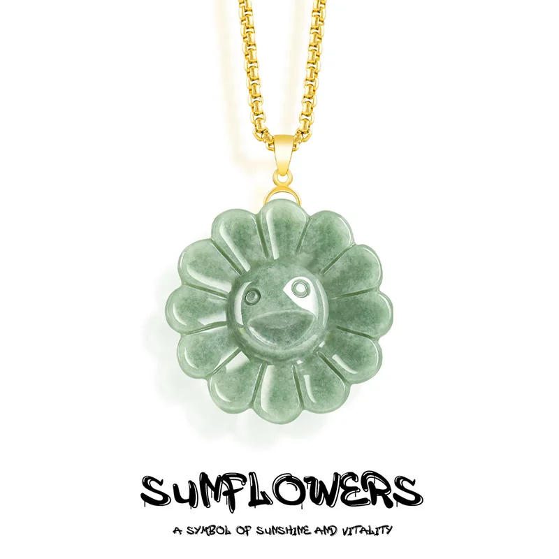 

A Myanmar Jadeite Sunflower Pendant Necklace 18K Gold Plated Burmese Jade Charm Stone Designer Fashion Accessories Talismans