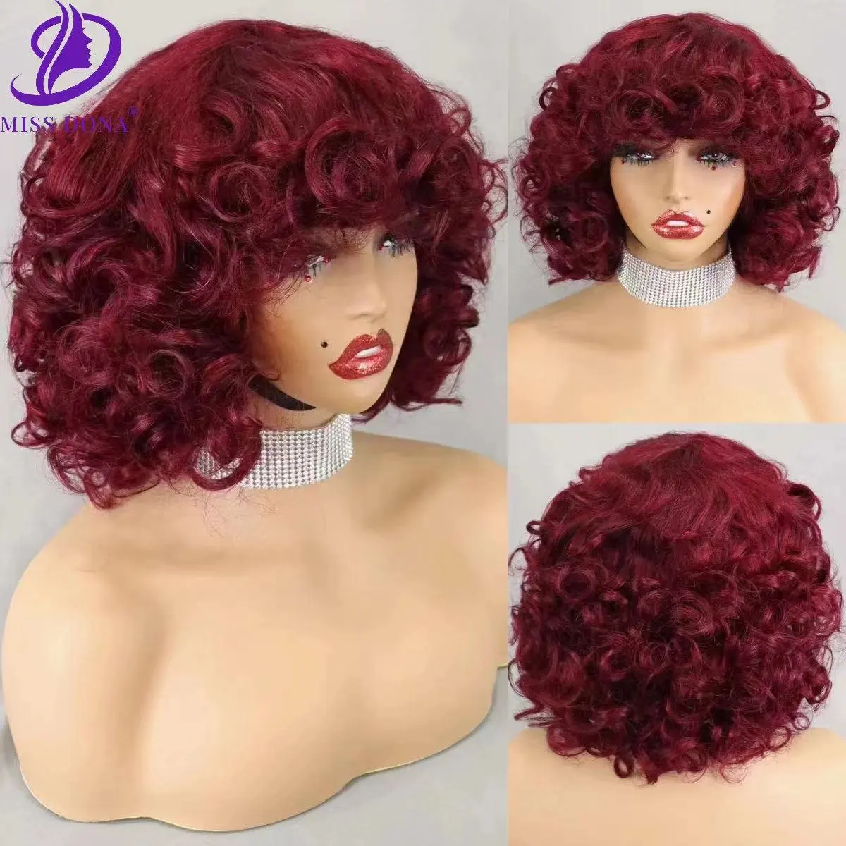 

10 inch Bob Human Hair Wigs with Bangs 200% Density Machine Made Loose Curly Bob Wigs Burgundy Bouncy Curly PrePlucked for Women