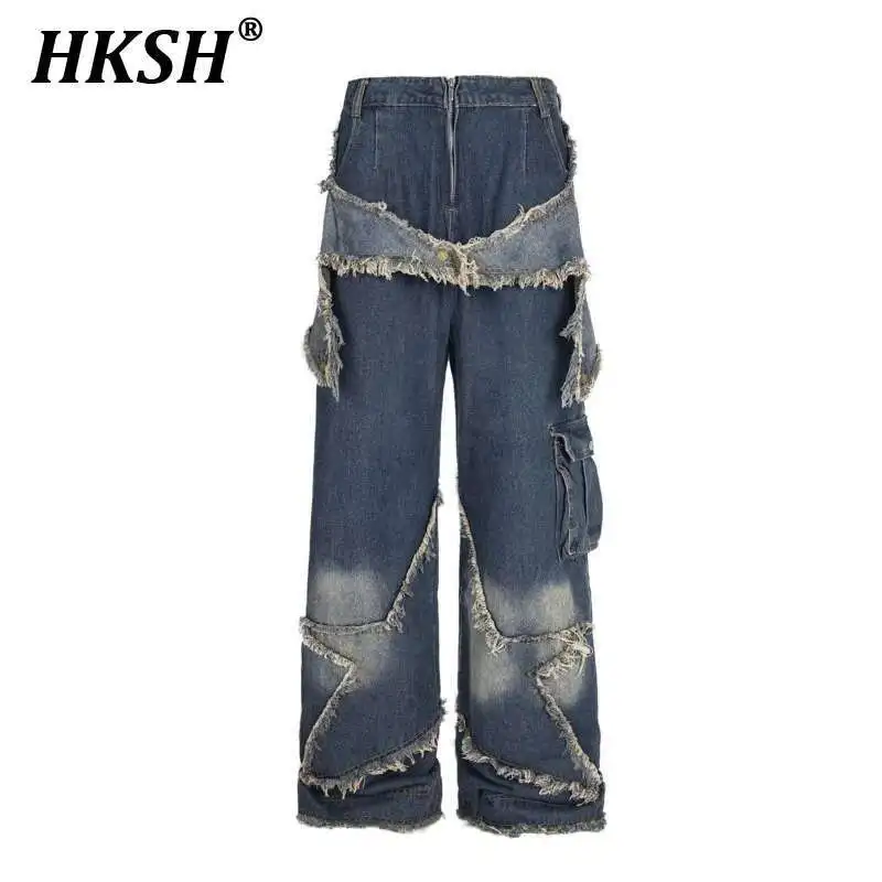 

HKSH 2025 Spring New Men Tide Punk American High Street Vintage Simple Denim Pants Washed Spliced Patchwork Design Jeans HK4504