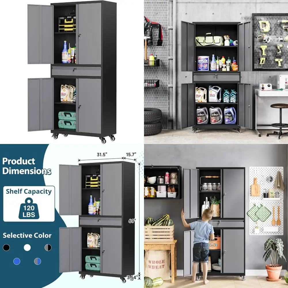 Gabinete de almacenamiento con ruedas de metal con cajones y puertas, unidad de almacenamiento de garaje alta para organización en sótanos y talleres