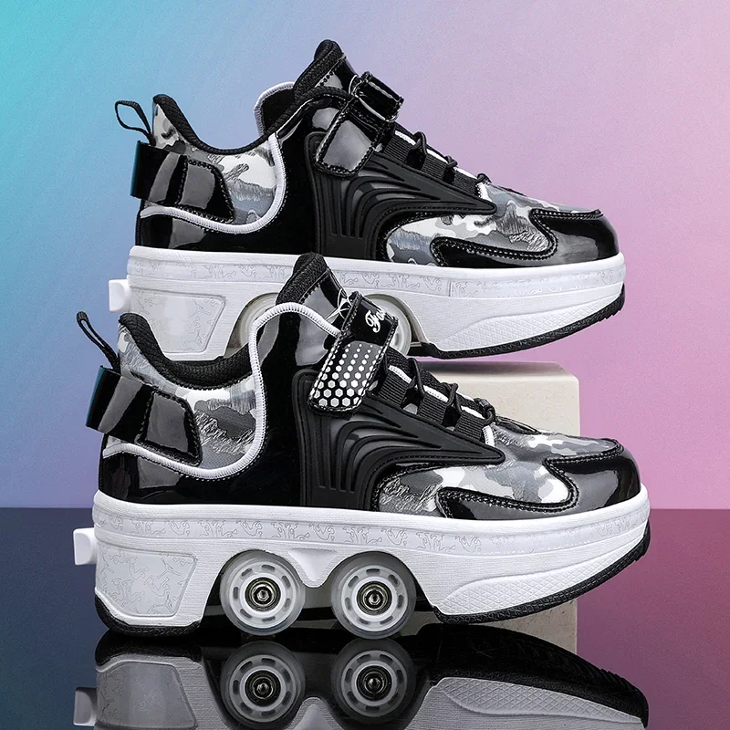 Scarpa Casual moda scarpa da pattinaggio con fondo spesso maglia Super fibra grandi pattini a rotelle a quattro ruote traspiranti per adolescenti