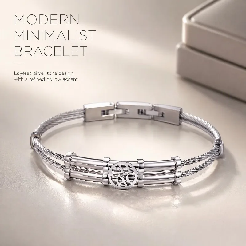 Unisex Cable Wire Bracelet Copper Alloy Hollow Letter Round Charm Double Tube Design Link Clasp Wrist Jewelry