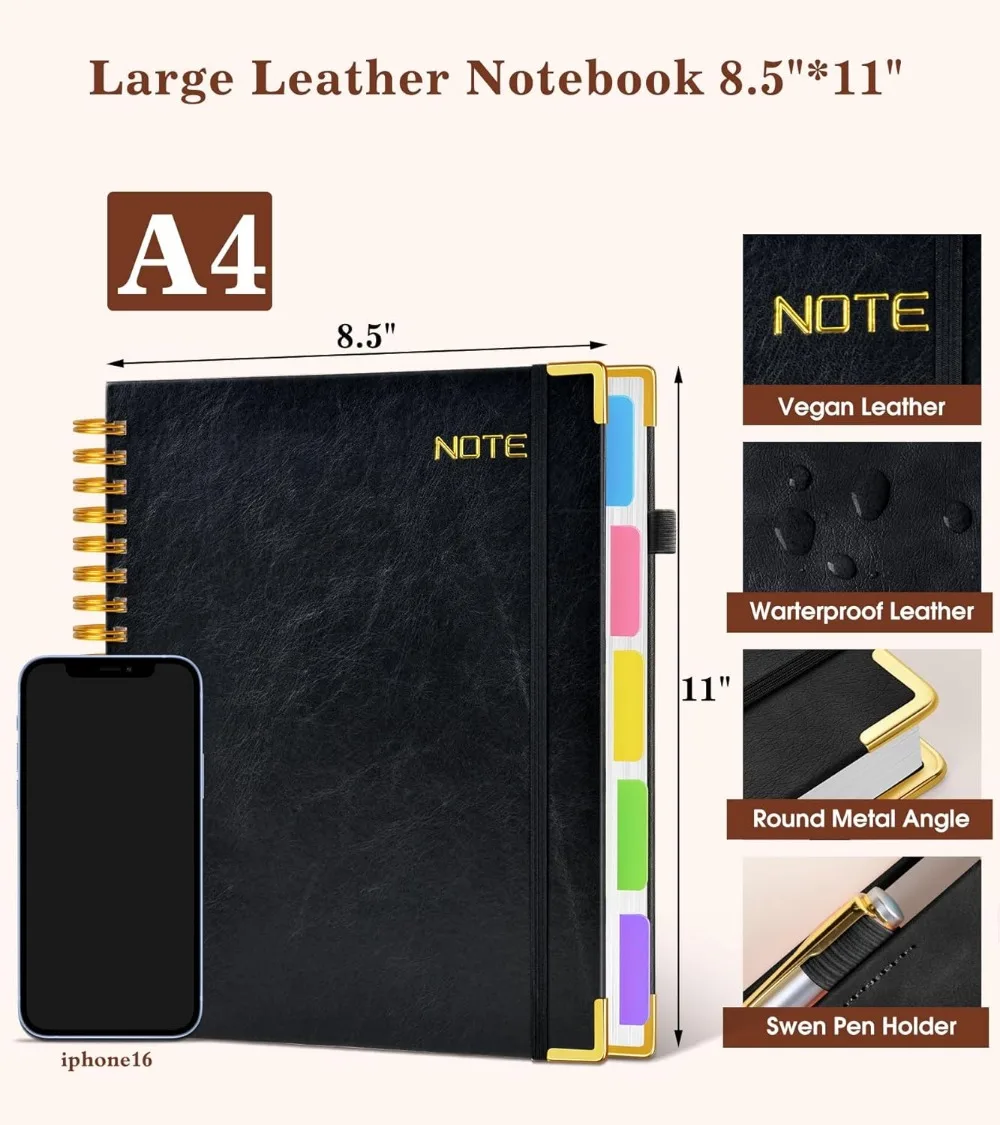 Leather 5-Subject Notebook 8.5x11, 300 Pages College Ruled, Spiral Hardcover with Dividers, Black