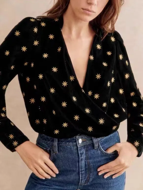 women's-shirt-star-embroidered-velvet-ol-2024-new-ladies-v-neck-long-sleeve-tops