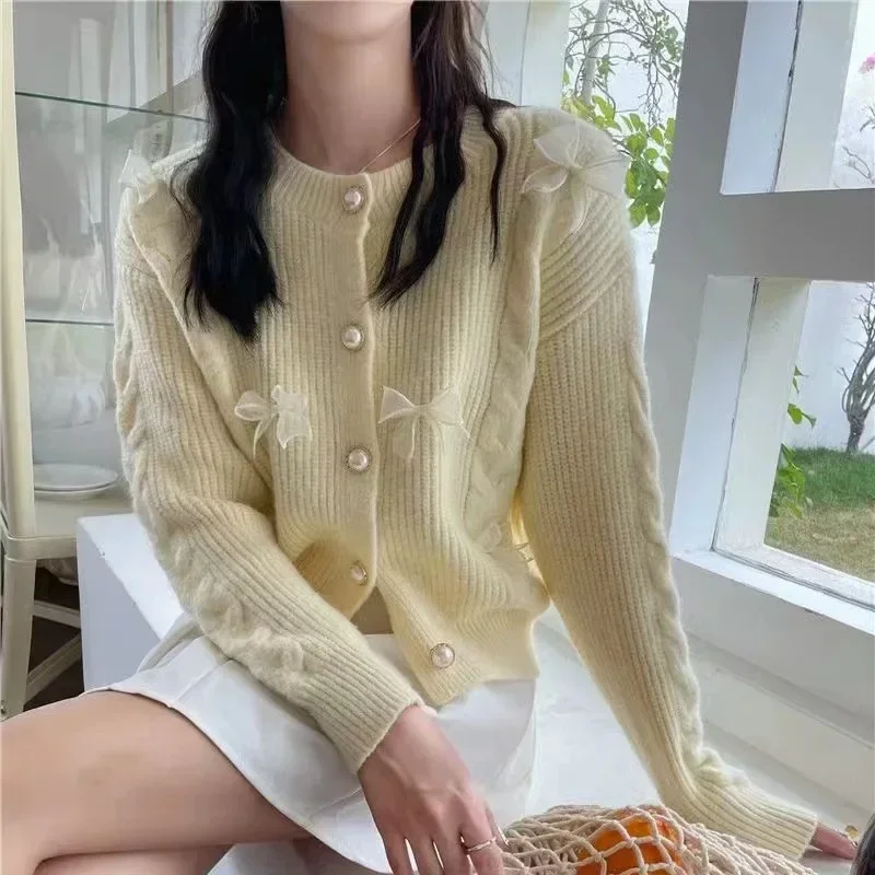 Gagarich Korean Round Neck College Sweater Women 2024 Autumn Winter New Gentle Western-style Butterfly Bow Ribbon Knit Cardigan