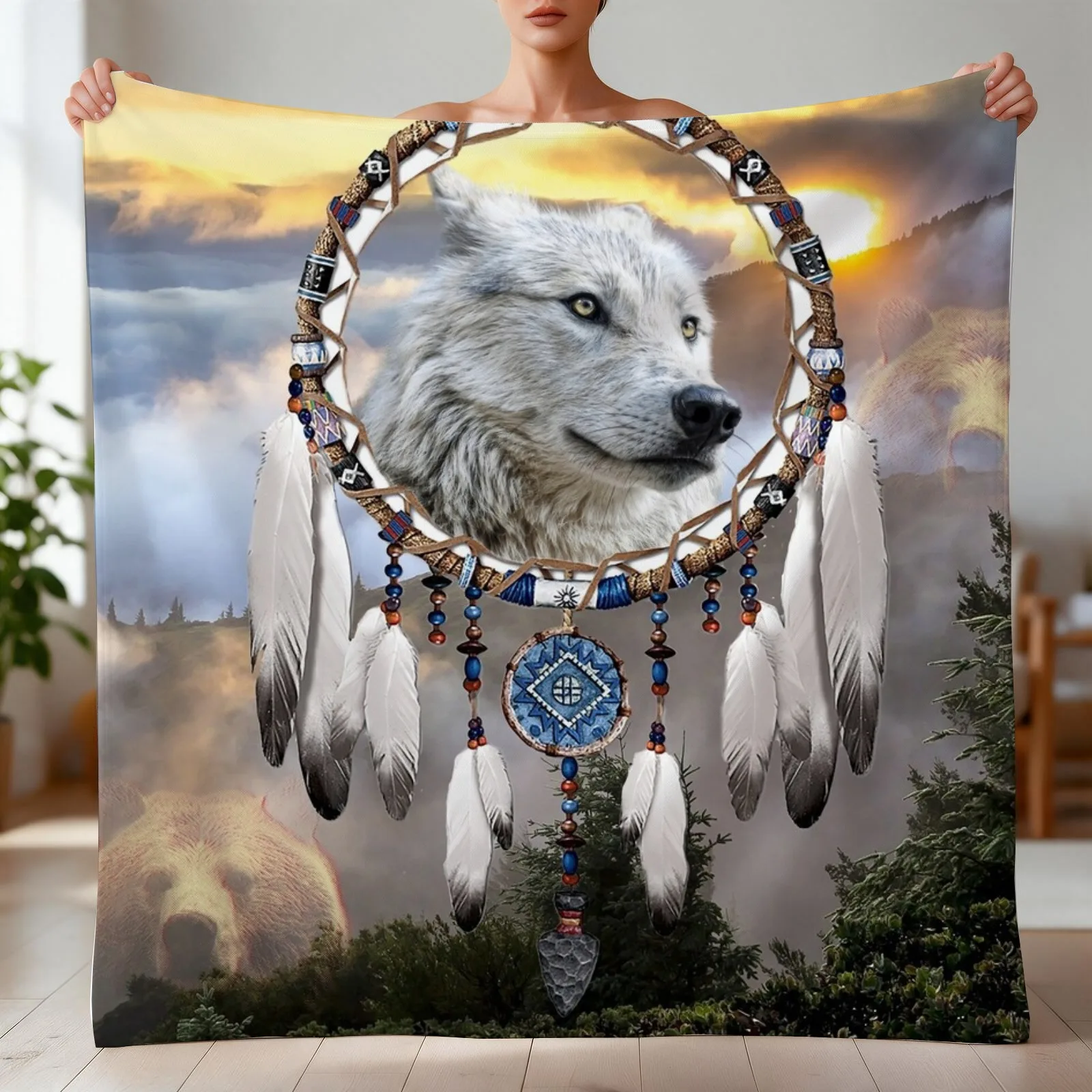 Wolf, Bear and Dream Catcher Throw Blanket Blankets For Bed Kid'S Soft Plush Plaid Blankets