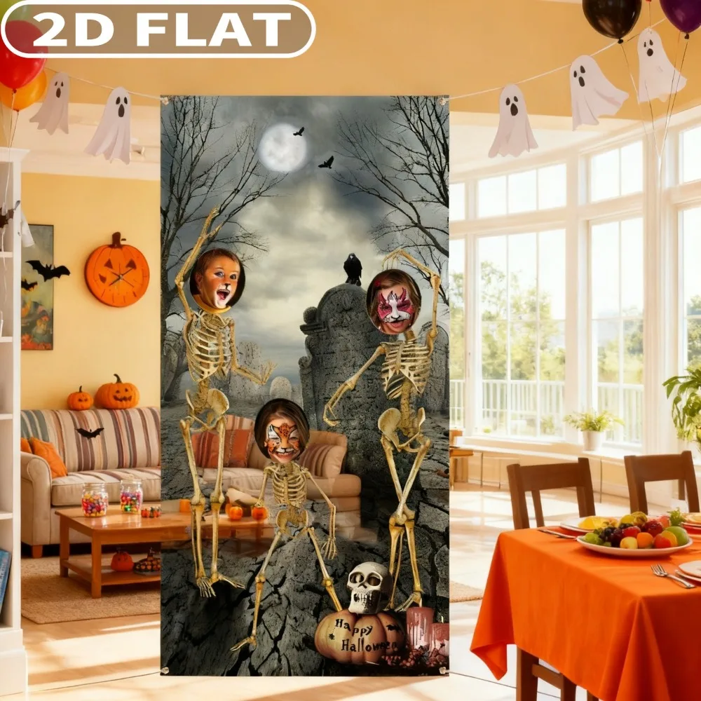 

1pc Halloween Skeleton Party Banner, Photo Hole in Face Skull Banner, 3x6 FT Polyester Photography Background for Halloween