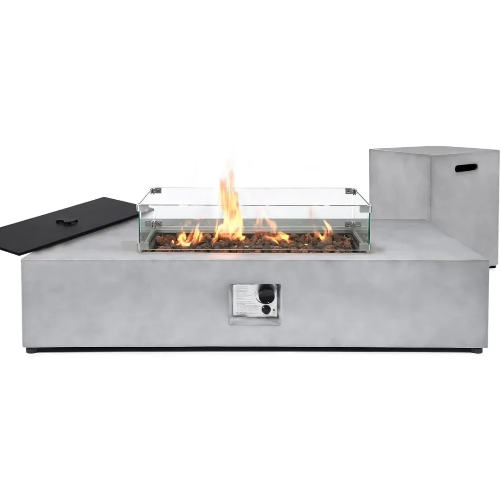 Conjunto de mesa para fogueira de propano de 2 peças Mesa FirePit de 54 polegadas com proteção contra vento de vidro, poço de fogo externo de 50.000 BTU com mesa lateral de 16 polegadas