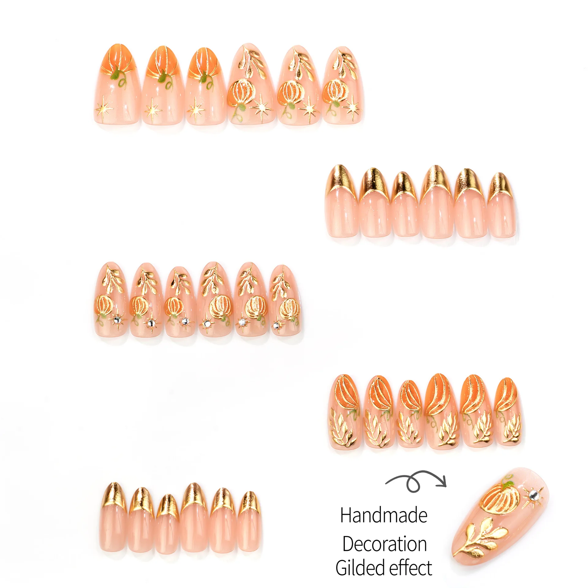30 Stück Kürbis-Goldfolien-French-Tip-Kunstnägel mit Herbstblättern, Sternen und Strasssteinen, kurze mandelförmige Kunstnägel für Frauen und Mädchen – Detail 4