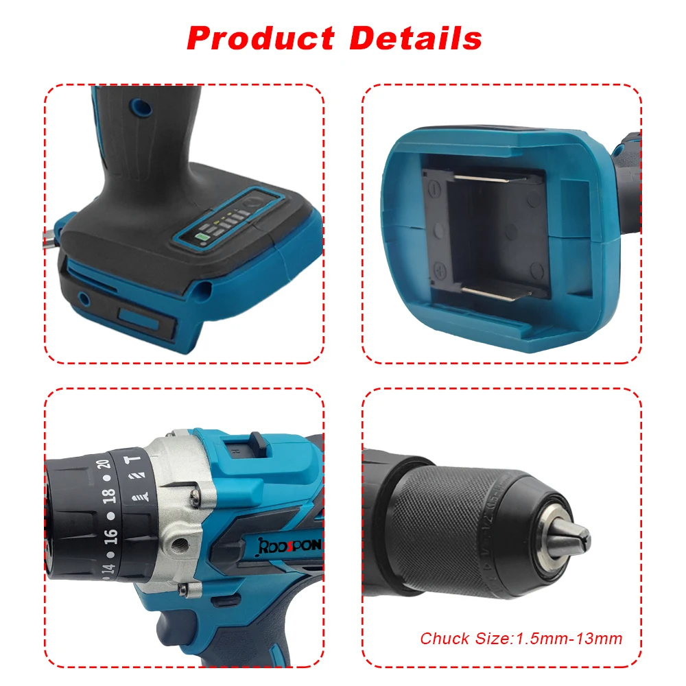 Brushless Hand Electric Drill 2-13MM Chuck Cordless Screwdriver 20+3 Torque Impact Drill For 18V Makita Lithium Battery Tool