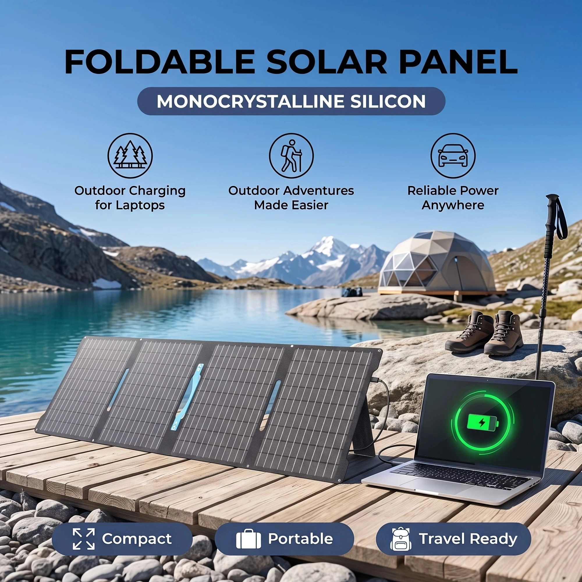 E-POWO 60W Monocrystalline Silicon Foldable Solar Panel, Suitable for Power Station Generation, with Adjustable Bracket, Suitable for Camping, RV, Mountain Climbing