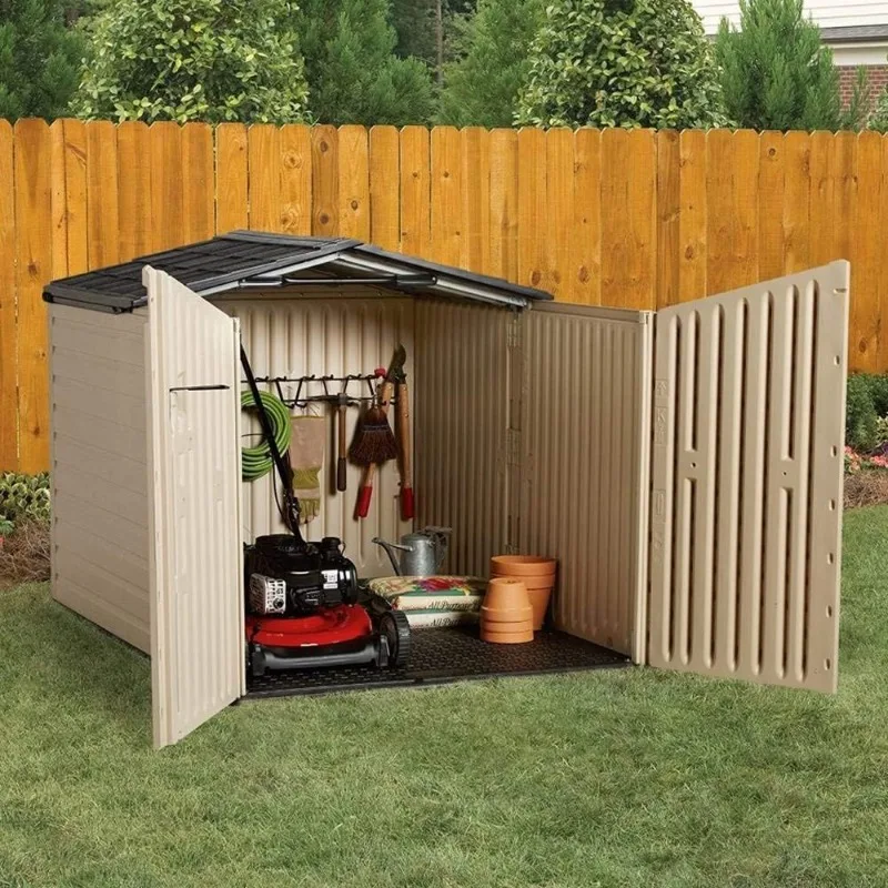 

Sliding cover resin outdoor storage shed for home/backyard/garden tools/lawn mower/bicycle storage/pool supplies