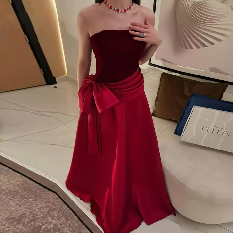 فساتين سهرة رسمية مخصصة أنيقة بدون حمالات فساتين حفلات طويلة على شكل حرف a طول الأرض فساتين حفلات على شكل فيونكة