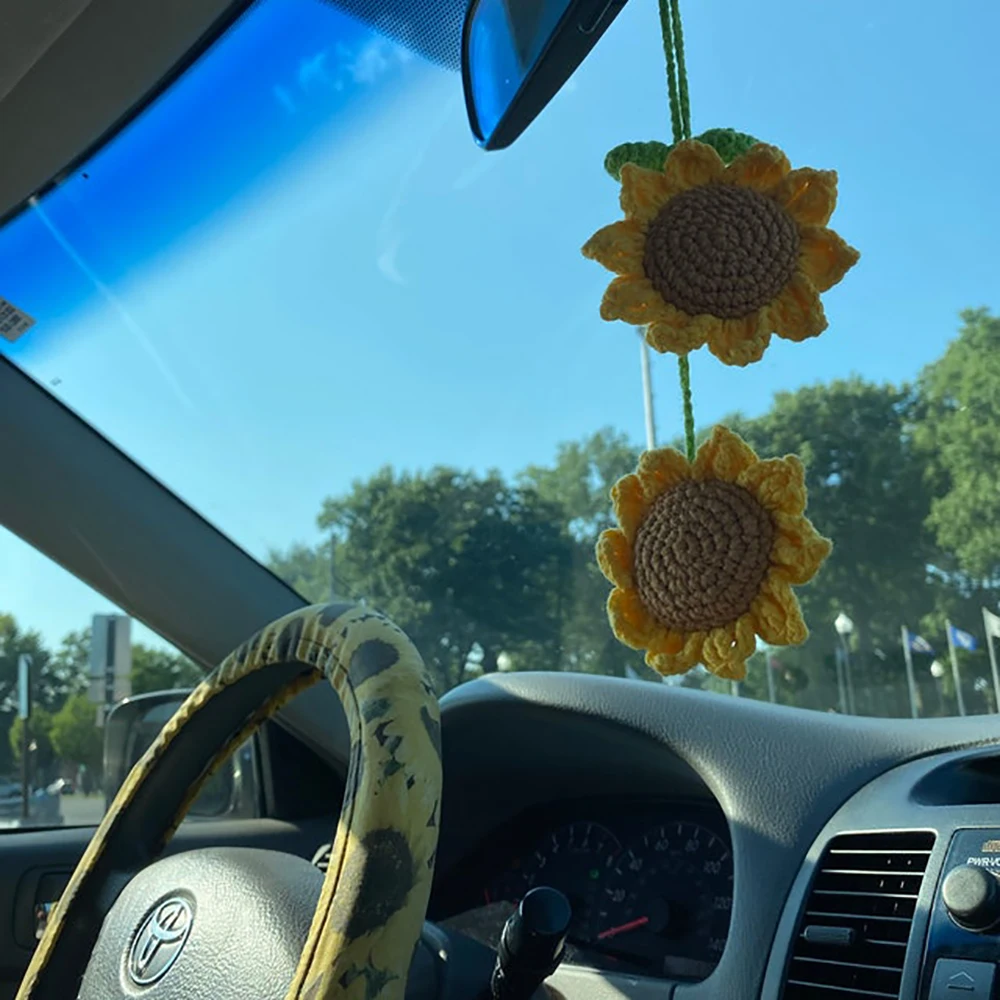 2 Pcs Sunflower Accessories For Women Car Mirror Hanging Teens Interior Rear View Mirror Flower Decor Charm