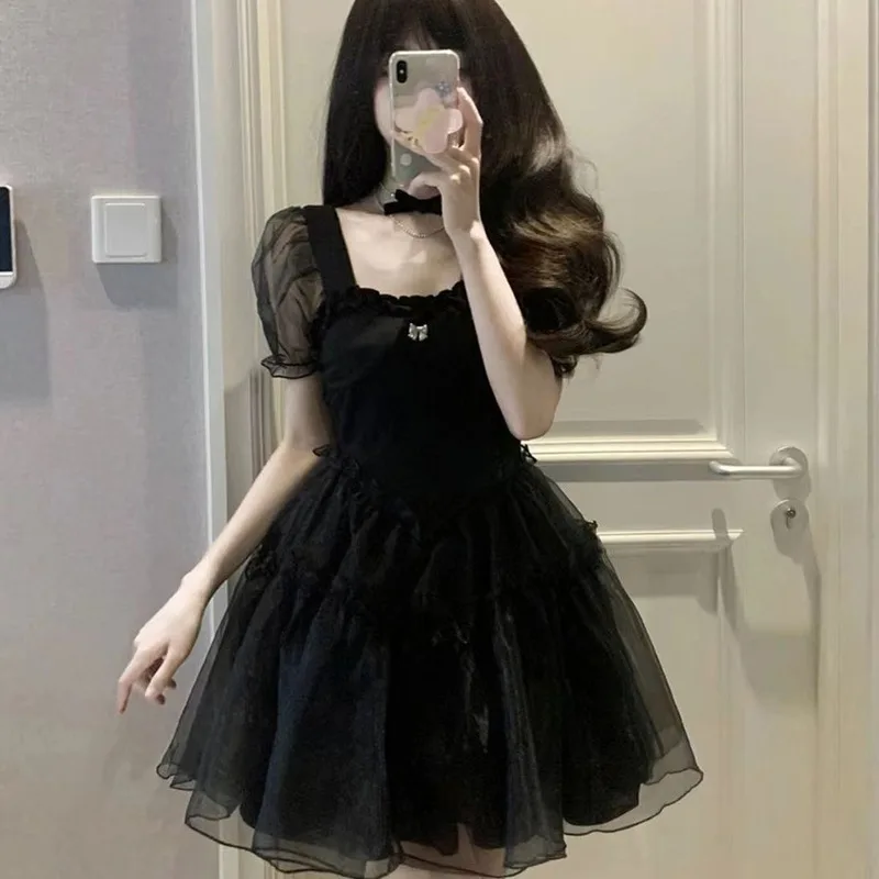

French Vintage Pure Desire Style First Love Black Dress Women Summer Unique Design Small Batch Bubble Sleeve Tulle Puffy Dress
