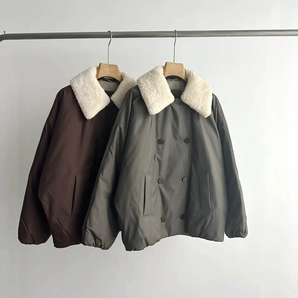 Autumn and Winter New American Vintage Style Loose-fitting Turtleneck Warm Lamb Fur and Goose Down Jacket