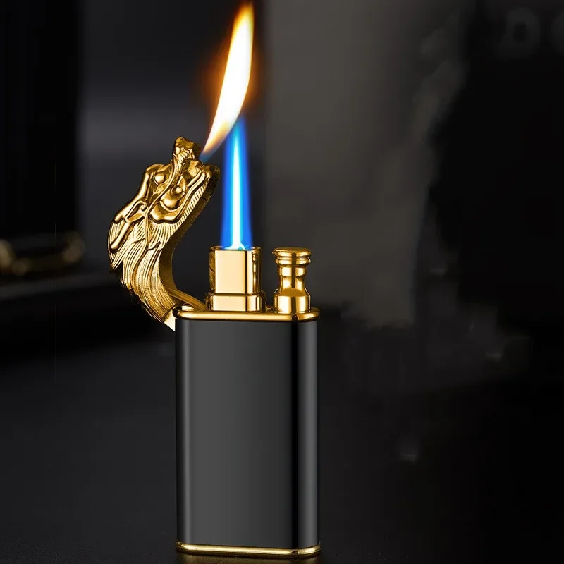 Metal Outdoor Windproof Butane Gas Lighter Dual Fire Conversion Blue Flame Metal Crocodile Unusual Lighter Creative Gift for Men