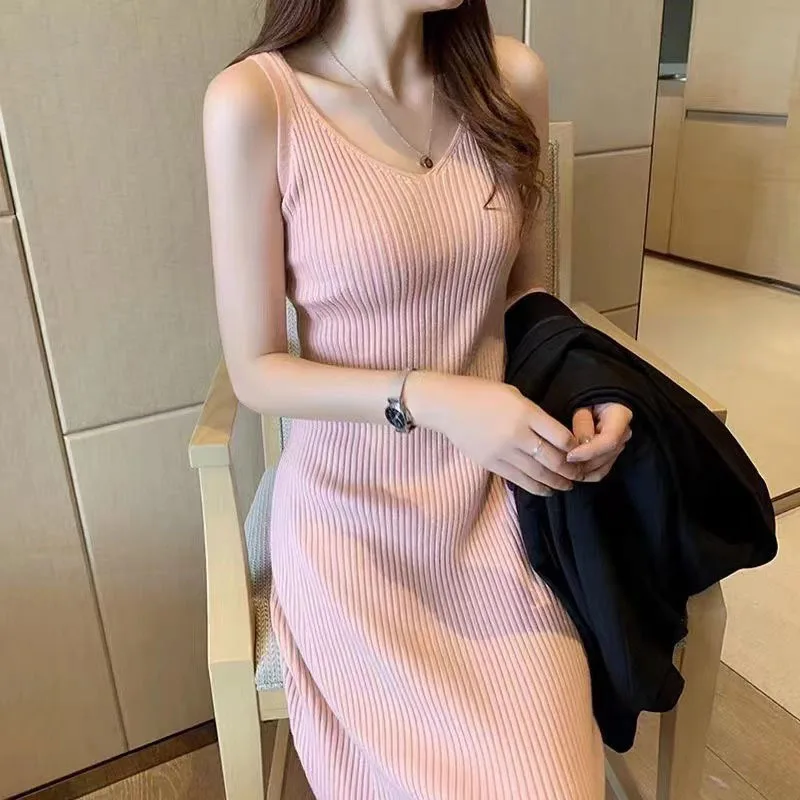 Vestido MIDI de punto con tirantes para mujer, abrigo rosa y negro a juego, elegante, ajustado a la cintura, largo, para fiesta, otoño e invierno, 2023