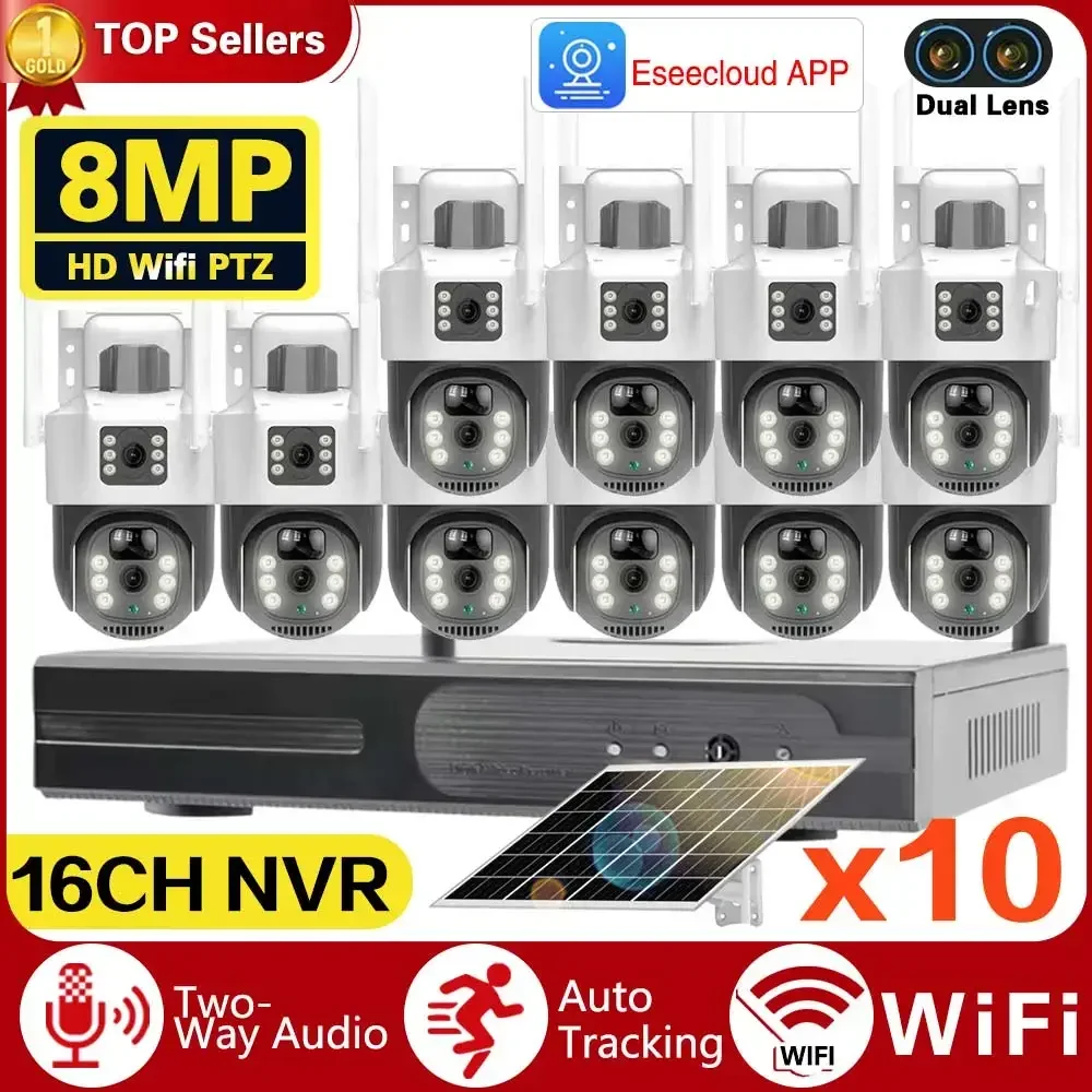 10CH NVR 8MP Wireless CCTV Security Camera System Outdoor Solar Battery Powered Wifi IP Camera PTZ Video Surveillance Protection