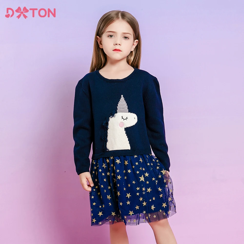 

DXTON Children Knitted Dress Unicorn Sweater Kids Clothing Autumn Spring Birthday Girls Dress Thick Knitwear Girls Tutu Dresses