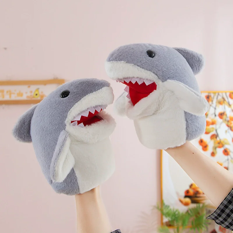 Guante de marioneta de mano de tiburón pequeño, figura de juguete con boca móvil, broma de peluche, regalo interactivo, 20cm/7,87 pulgadas, 1 ud.