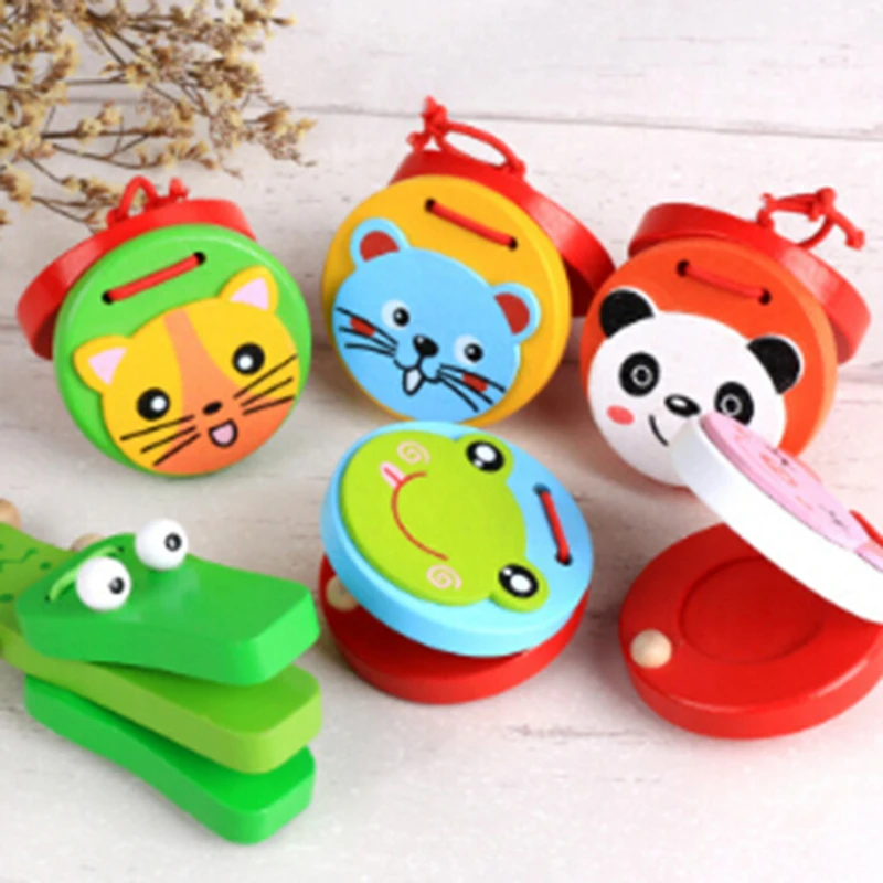 Castañuelas de madera de dibujos animados para decoración del hogar, instrumentos musicales, mango de claqueta para bebé, juguetes educativos