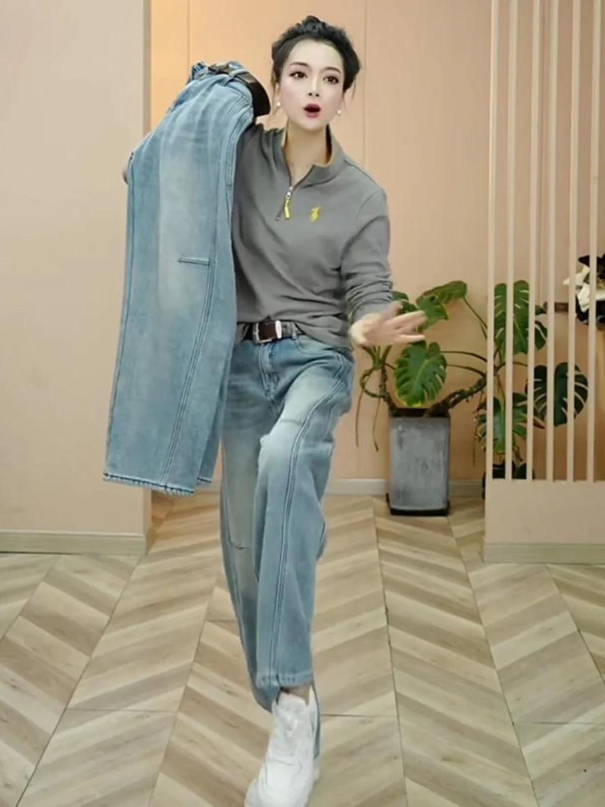 

Blue Knife Jeans Women's Spring New Large Size Pear ape Small Height Straight Leg Wide Leg Pants Banana Pants