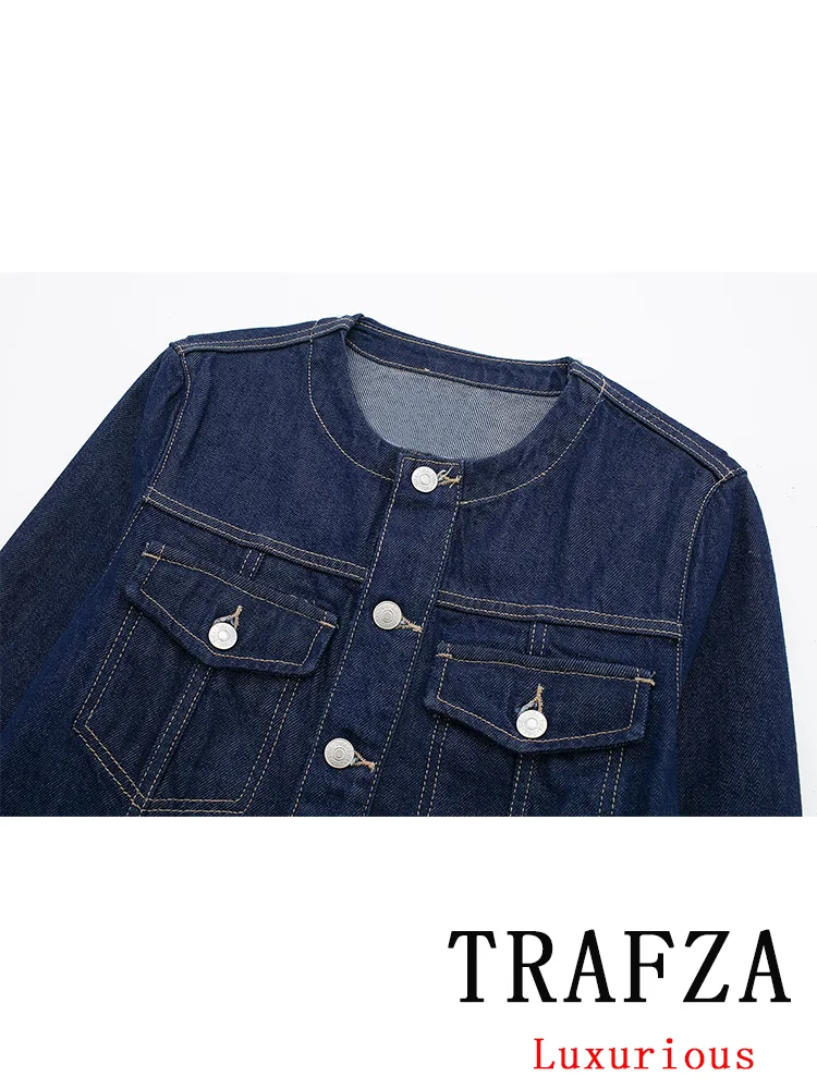 TRAFZA Vintage Casual Chic Women Cowboy Suit O-Neck Single Breasted Loose Jackets Long Pants Fashion 2024 Summer Denim Suits