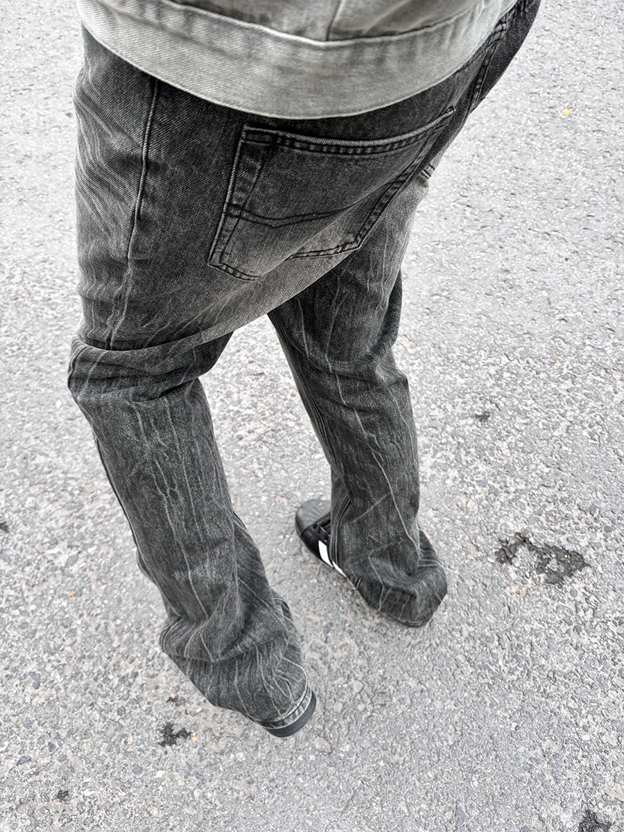 

Black Bamboo Node Denim Jeans Men's Spring American High Street Washed Straight Leggings Cleanfit Flared Pants
