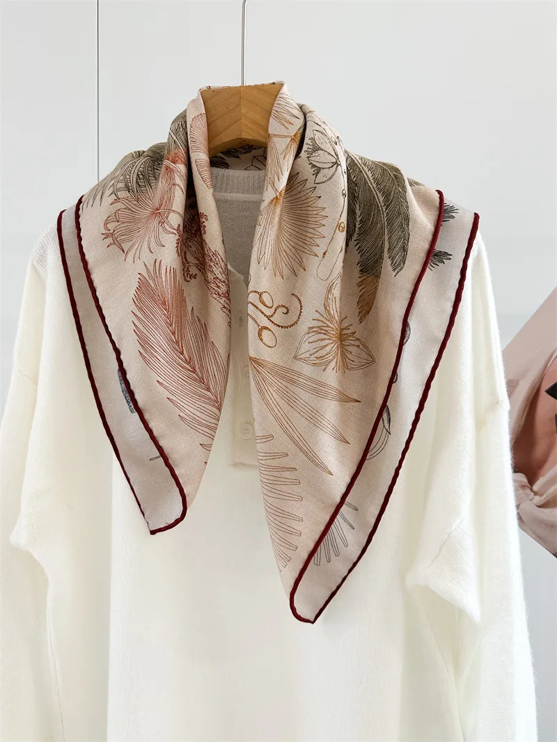 

70% Wool 30% Silk Luxury Scarf Woman Autumn Accessories Silk Wool Leaves Printed Square Scarf Hijab Women's Brand Shawl