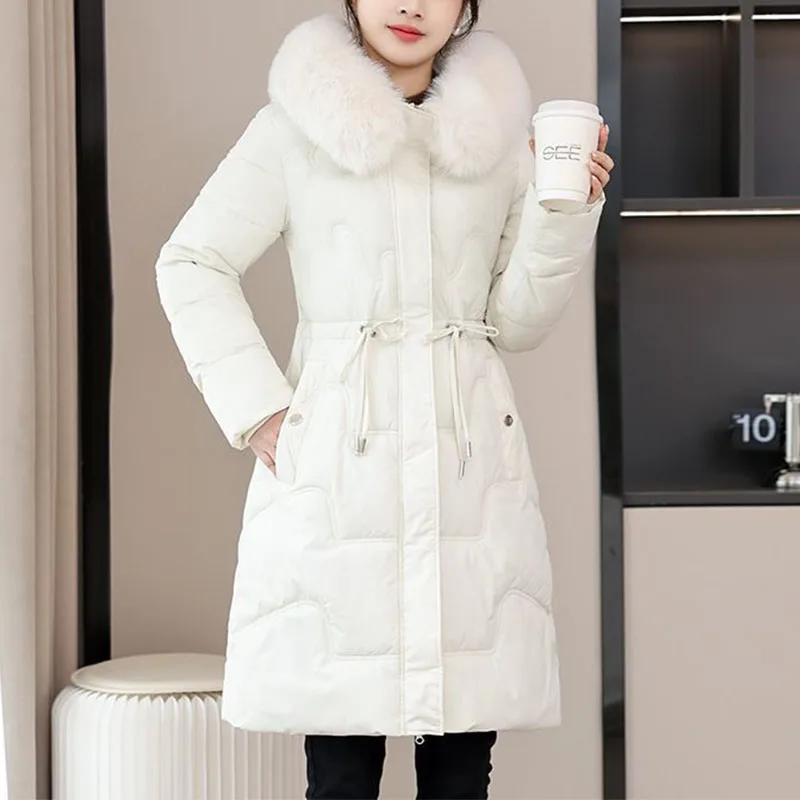 Winter Harajuku Female Clothing Hooded Long Parkas Slim Thicken Cotton-padded Clothes Fashion Fur Collar Zipper Thermal Coat