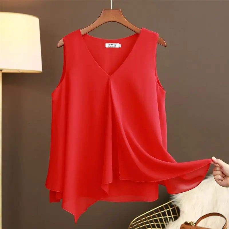 Fashion New Big Size Women\'s Summer Sleeveless Halter Vest Double Chiffon Shirt Loose with A Base Outside To Wear The Top