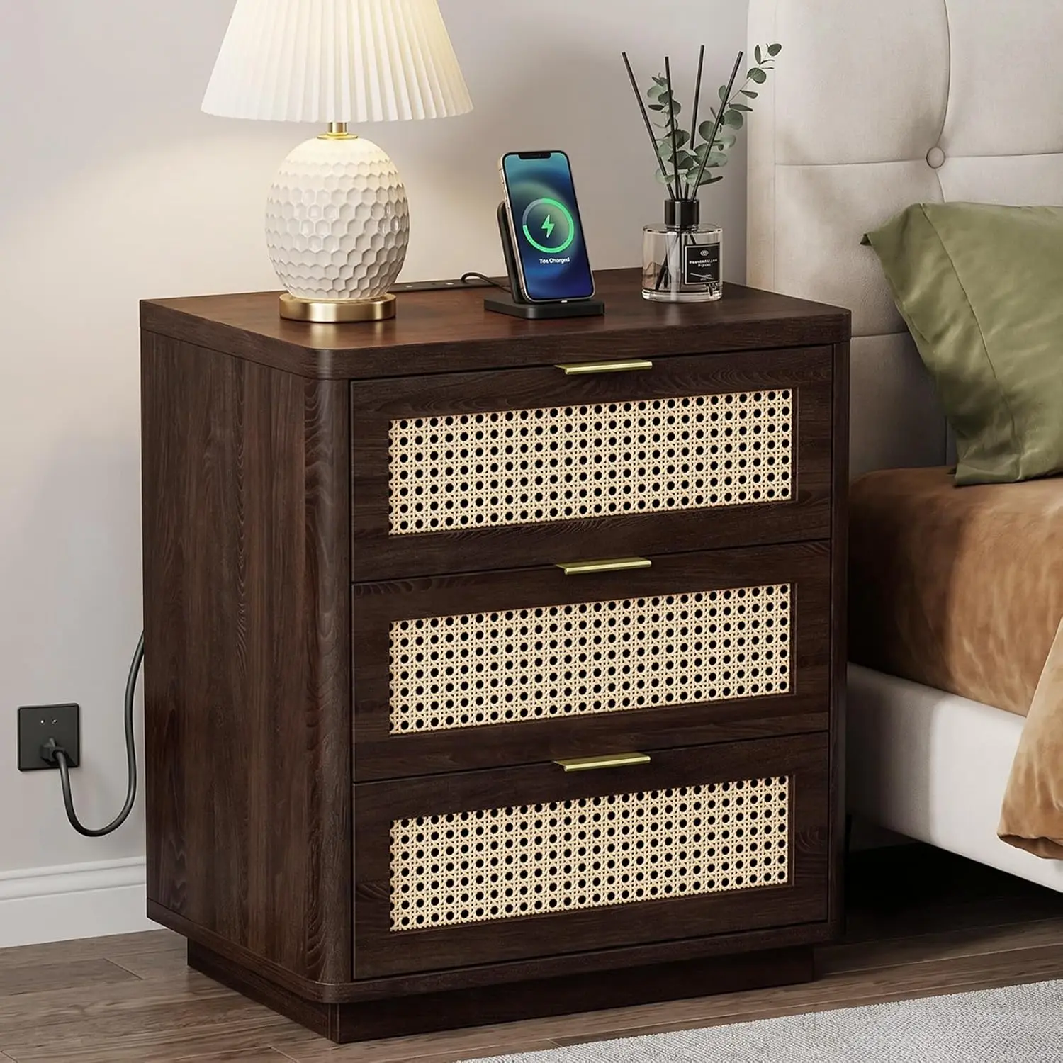 

Nightstands, Bedside Table - Larger Night Stand With Charging Station, 3 Drawers Storage, Night Stands, Customized