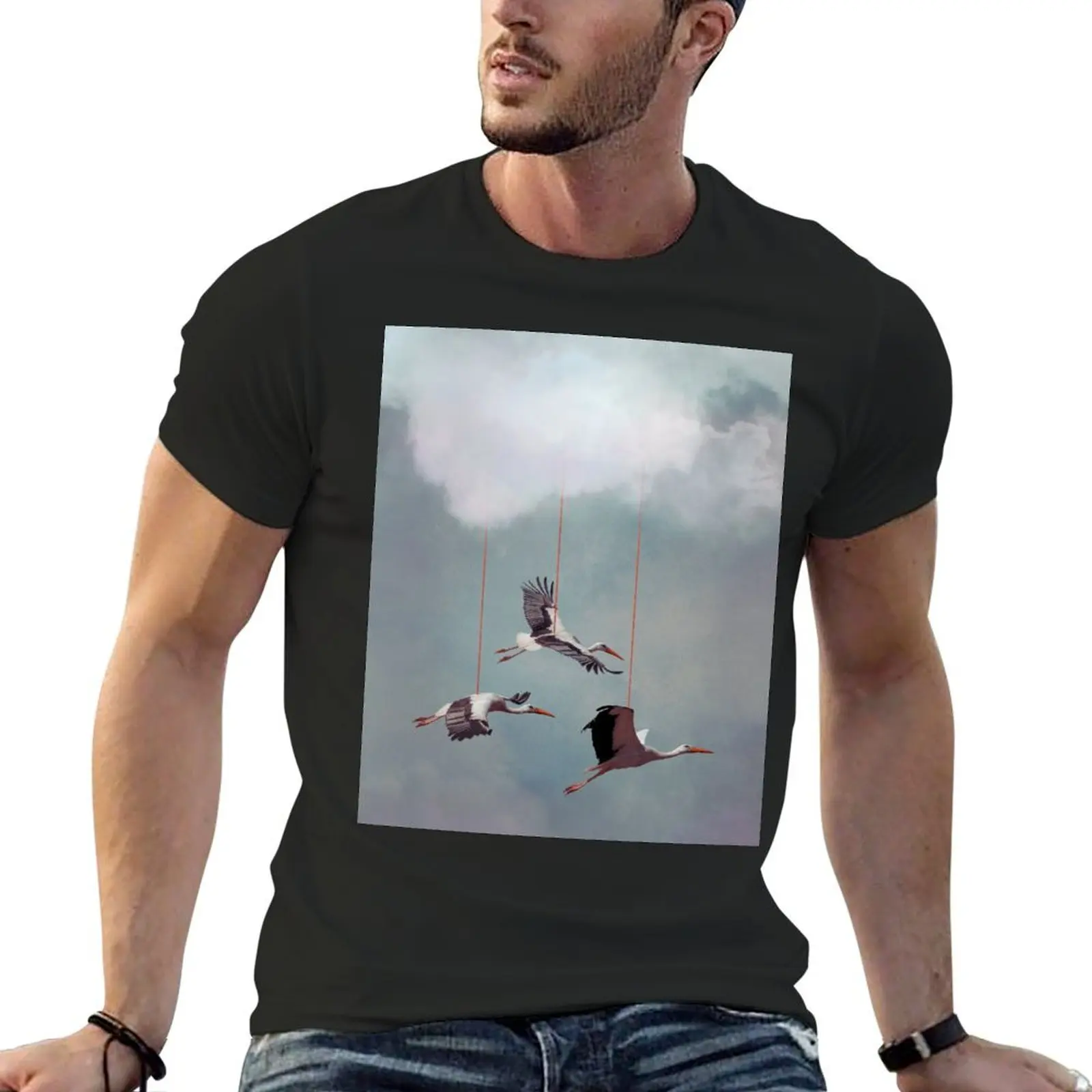 Suspend Belief' - White Storks hanging from Clouds T-Shirt vintage t shirts plus sizes kawaii clothes men t shirt