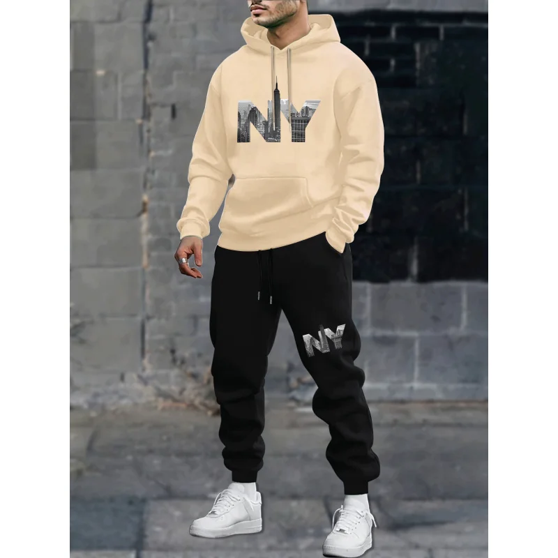 

New Autumn And Winter Men'S Printed Hoodie Casual Two-Piece Set For Couples, Long-Sleeved Long Pants, Hooded Sweatshirt With