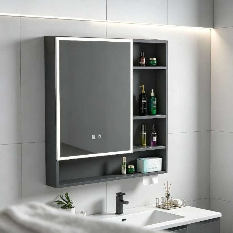 Space Aluminum Bathroom Vanity Cabinet, Wall Mount Smart LED Mirror with Defogger & Storage, Waterproof Anti-fog Makeup Mirror.