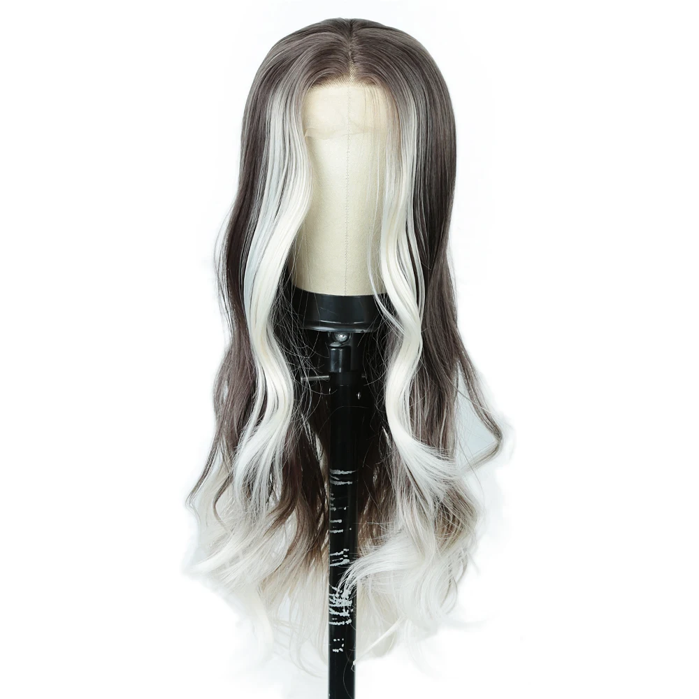 ALIBABY Long Cosplay Wig T Part Body Wave Synthetic Lace Front Wigs for Women Ombre White High Quality Lace Wig