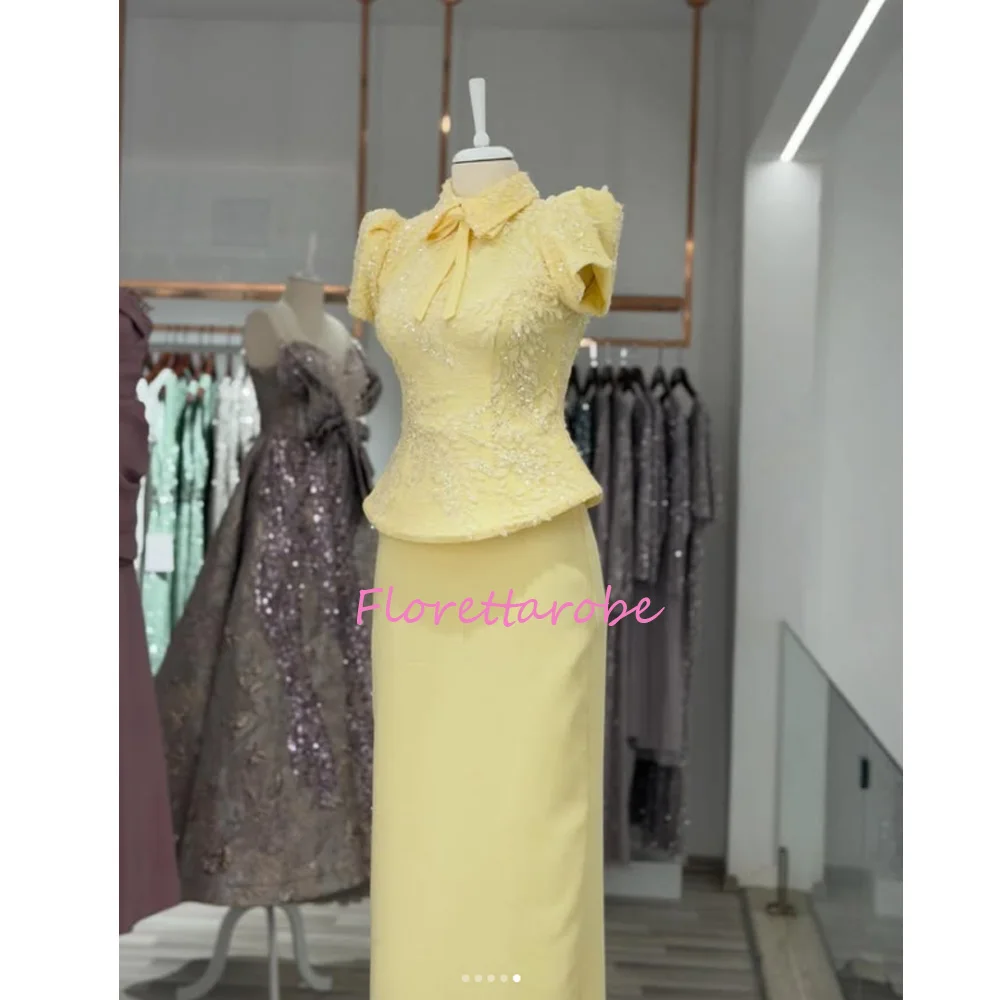 Women's Straight Evening Dress Ankle-length High-neck Short  Sleeve Prom Dresses Fashion Sequined Bow Lace-up Customized Gowns