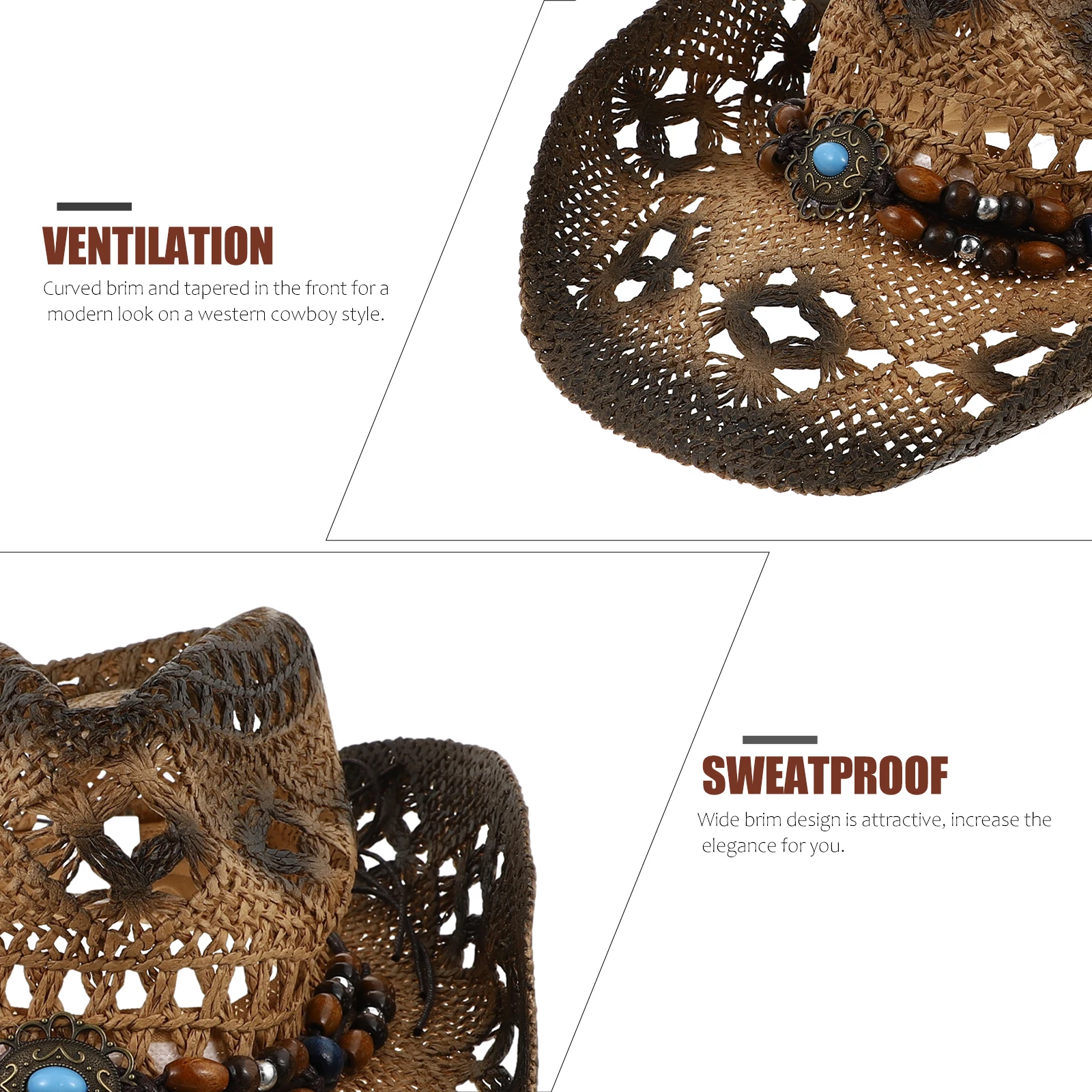 

Cowboy Straw Hat Women Men Summer Beach Party Sun Block Hats Lightweight Portable Breathable Wide Brim Curved Front Western