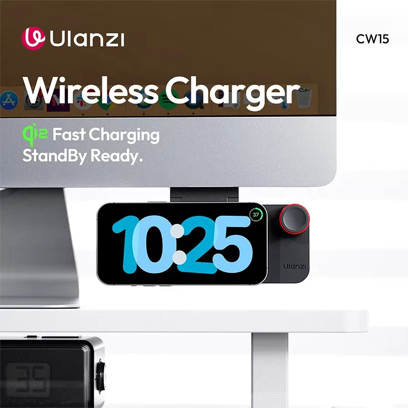 Ulanzi CW15 Magnetic Wireless Charger,Qi2 15W Fast Charge,210° Adjustable Stand,Under‑Monitor Standby for iPhone Android Office