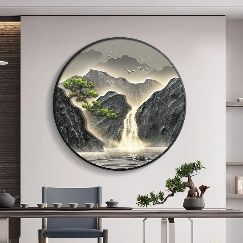 Entrance Foyer Decoration Painting High Mountains Flowing Water Landscape Hanging Painting LED Light Wall Lamps Home Wall Decor