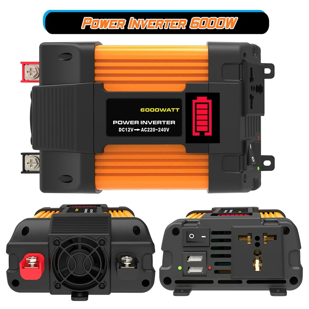 Battery Clip Car Power Inverter 6000W Peaks Power Dual USB Ports LED Bettery Dispaly Lightweight Design Modified Sine Wave