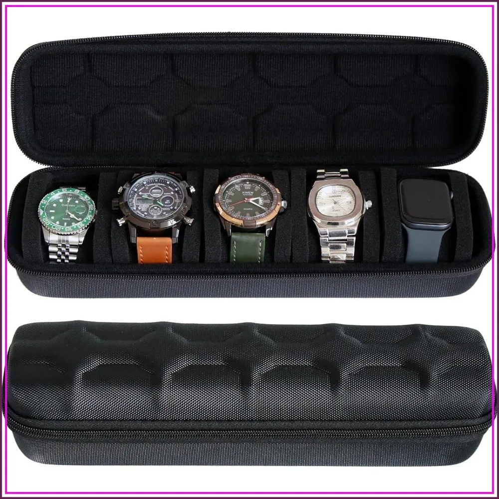 Estuche Rígido de Viaje para Relojes para Hombres y Mujeres, Organizador Portátil de 5 Ranuras para Relojes de Pulsera y Relojes Inteligentes de hasta 55 mm (Negro, 5 Ranuras)